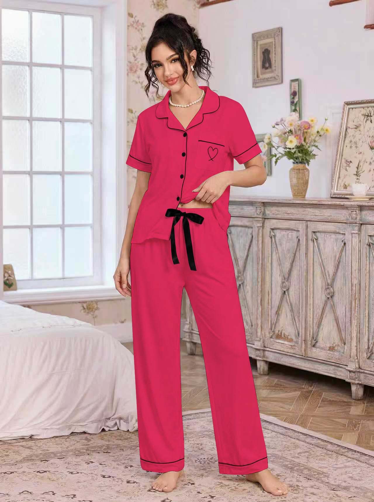 Amazon European and American home wear sets, lapel cardigans, short-sleeved shirts, long pants, heart-shaped embroidered pajamas, women's independent foreign trade station detail image 3