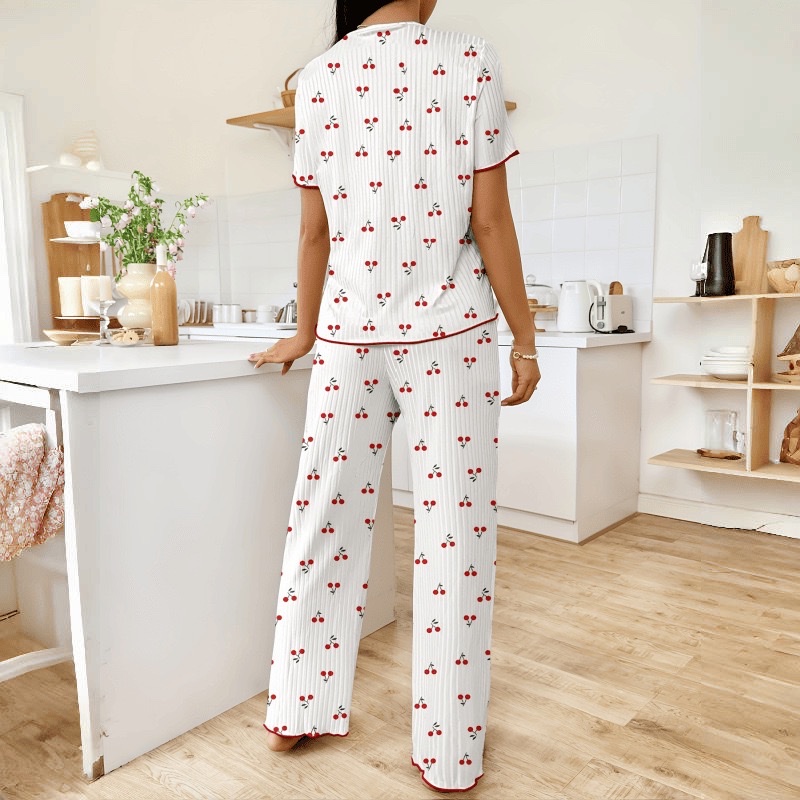 European and American cross-border spring and autumn bestsellers printed short-sleeved shirts, long pants, pajamas, comfortable for women with wide legs, can be worn outside as women's home wear Specification image