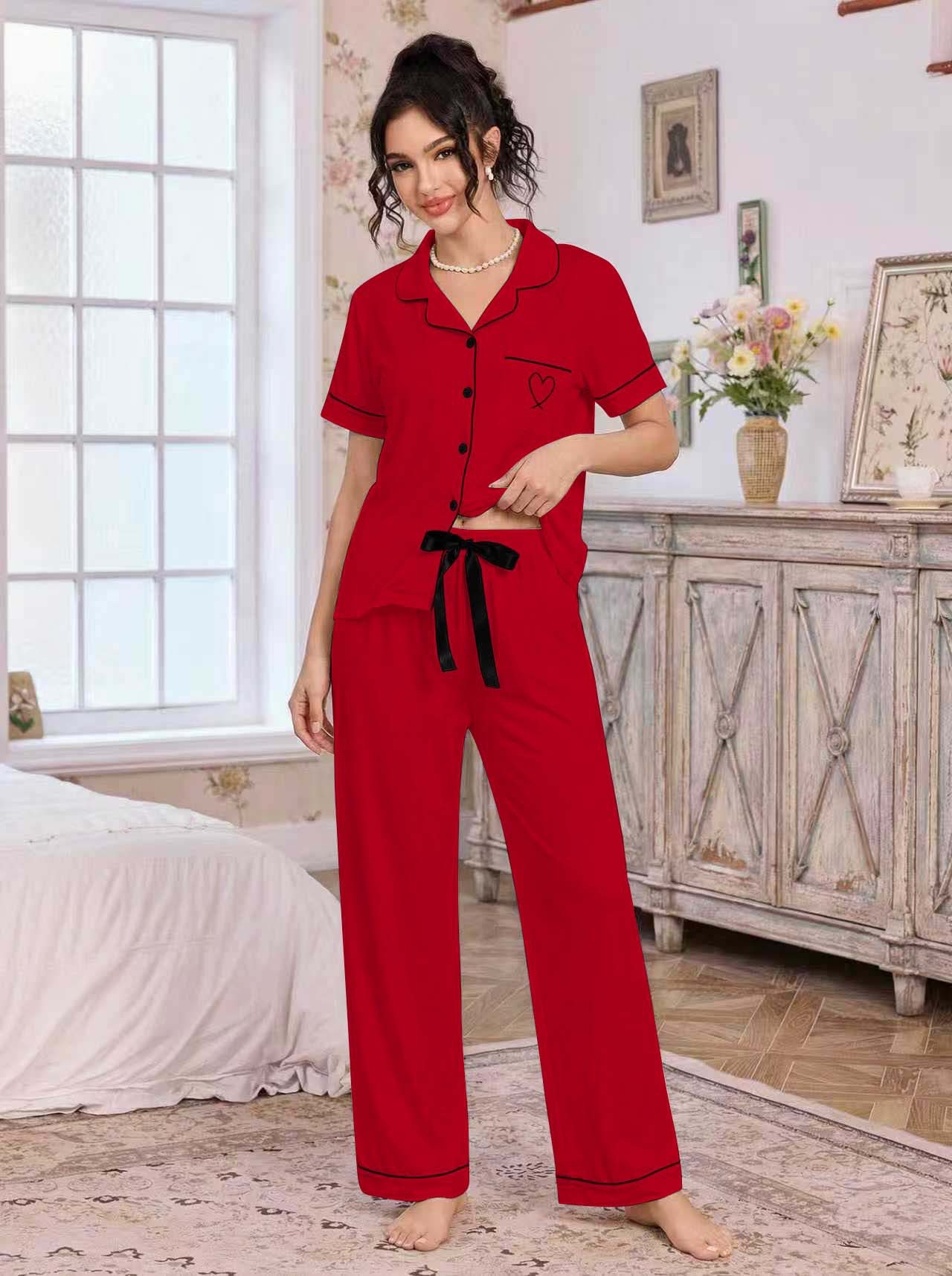 Amazon European and American home wear sets, lapel cardigans, short-sleeved shirts, long pants, heart-shaped embroidered pajamas, women's independent foreign trade station detail image 6