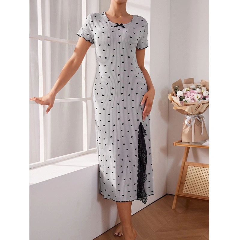 Wow, custom-made round-neck short-sleeved heart-shaped nightgown for women, large-sized slit, mid-length, slimming and flattering detail image 7