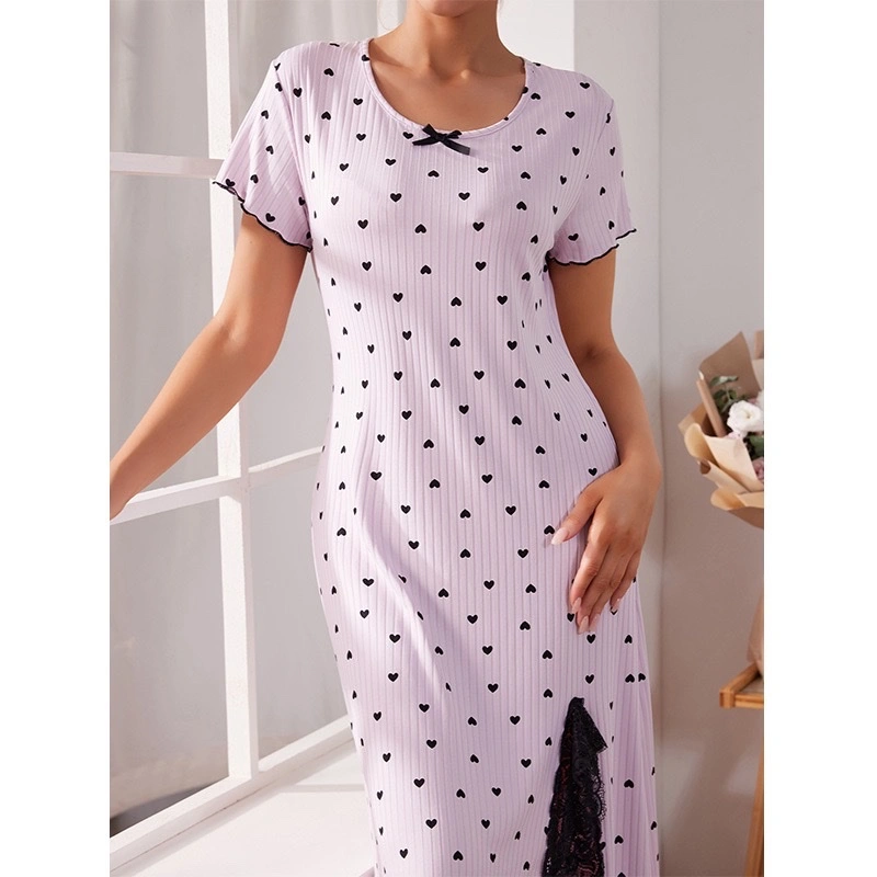 Wow, custom-made round-neck short-sleeved heart-shaped nightgown for women, large-sized slit, mid-length, slimming and flattering detail image 2