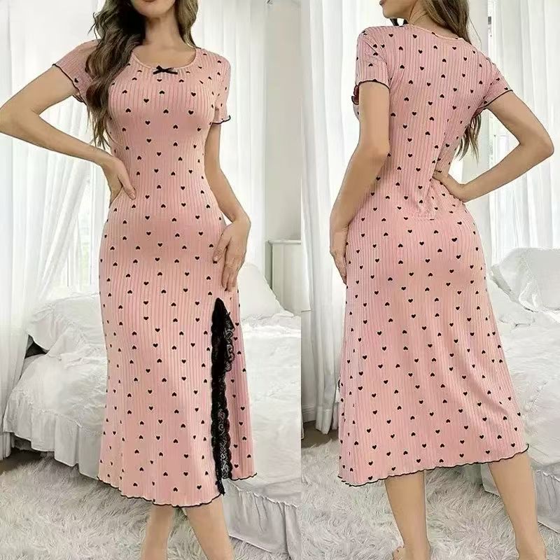 Wow, custom-made round-neck short-sleeved heart-shaped nightgown for women, large-sized slit, mid-length, slimming and flattering