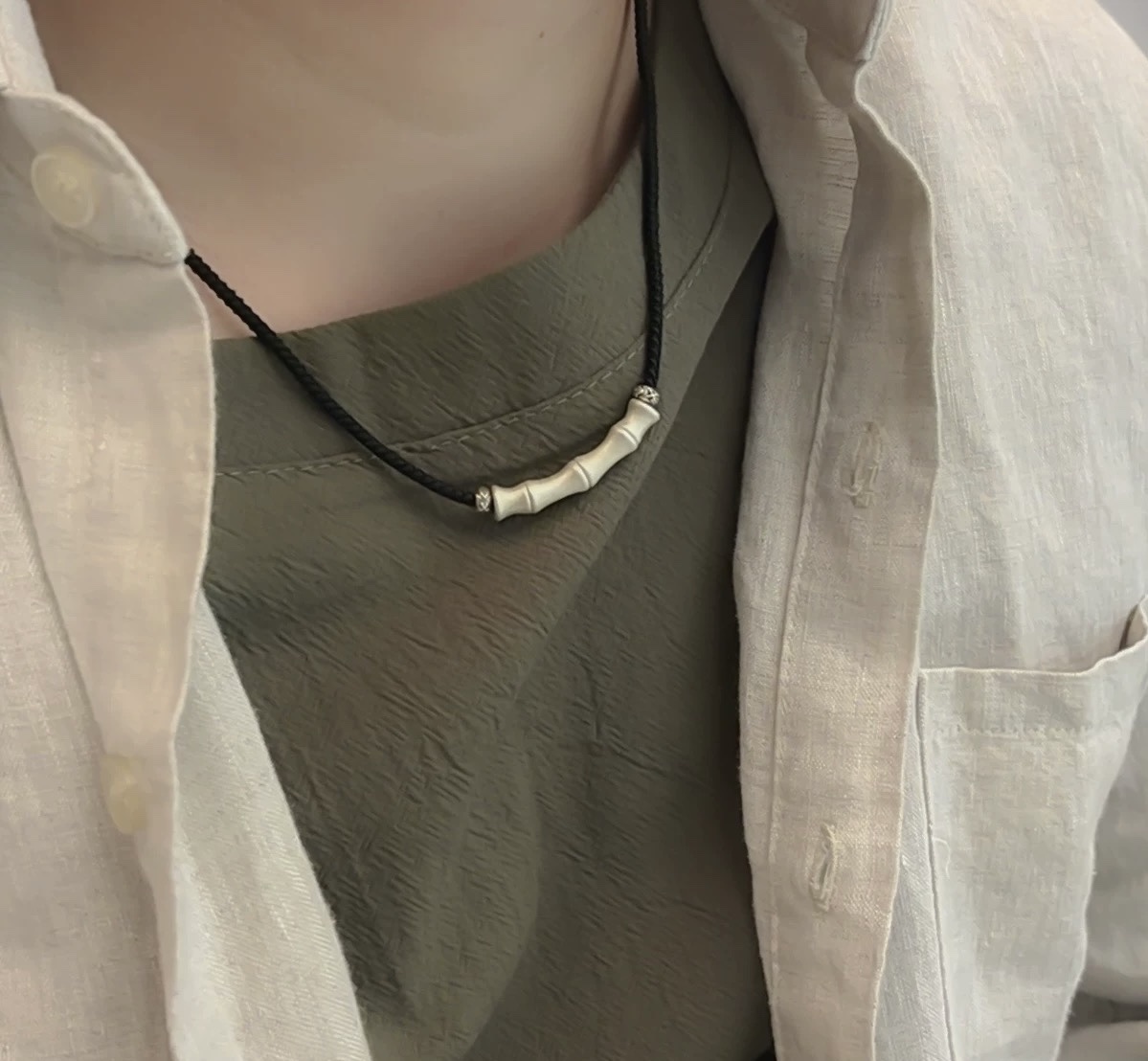 New Chinese aesthetic pure silver bamboo joint couple necklace collarbone chain detail image 2