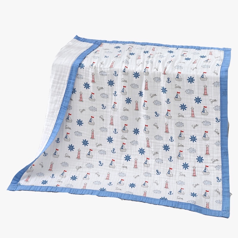 全棉a类六层纱布儿童浴巾新生吸水柔软印花盖毯宝宝浴巾白底实物图