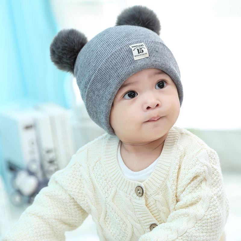 韩版婴幼儿秋冬护耳针织帽宝宝毛线冷帽新生儿男女童保暖帽白底实物图