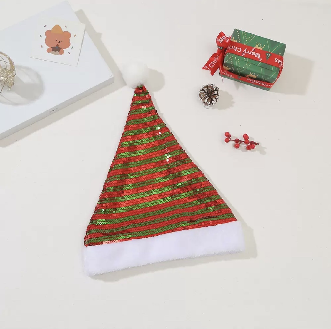 Wholesale of two types of cross-border Christmas hats with flip-top sequins and short plush stripes, shining Christmas hats detail image 2