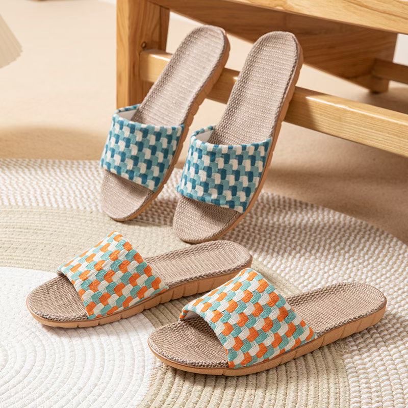 新款韩版格子布拖鞋女夏季居家男女透气舒适防滑 室内吸汗透气亚麻拖鞋 时尚百搭拖鞋 套房必备拖鞋白底实物图