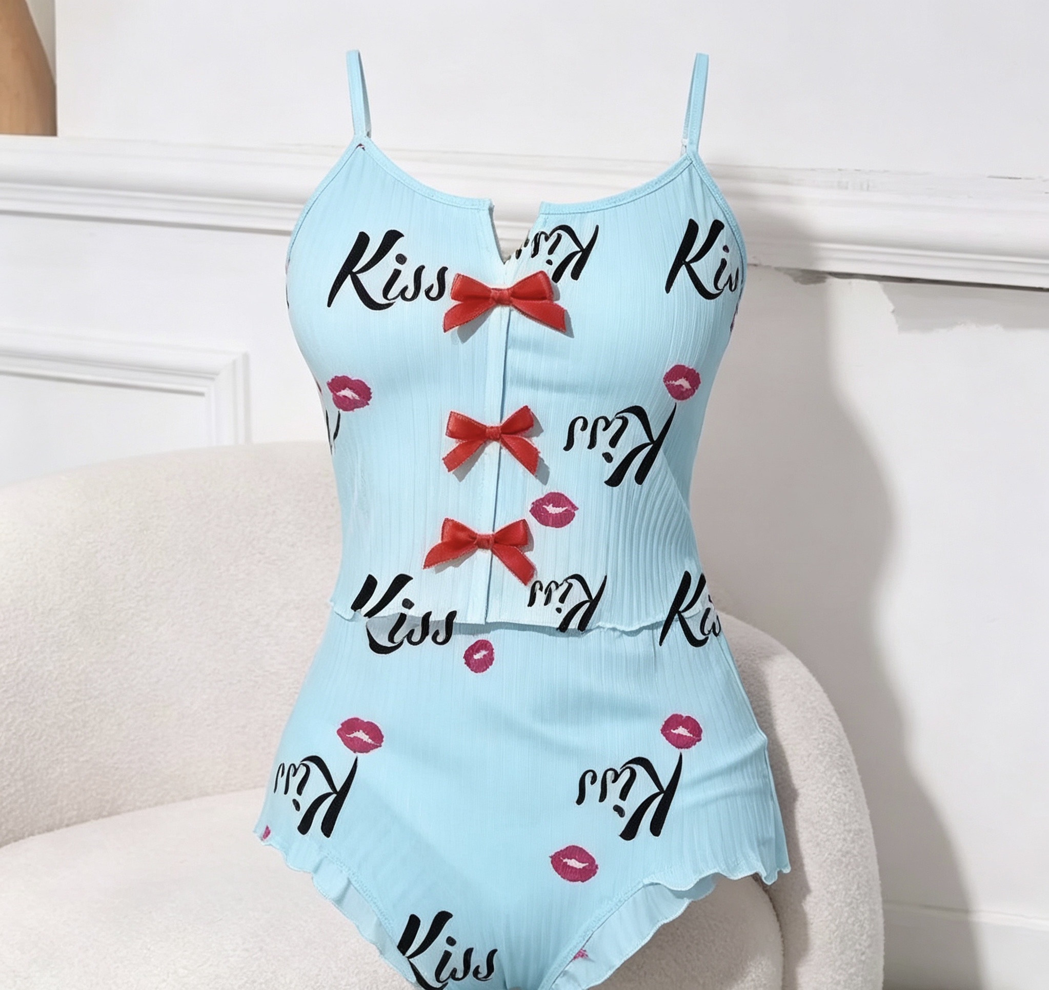 Amazon's new sexy mesh patchwork printed pajama two-piece set for women's home wear Specification drawing
