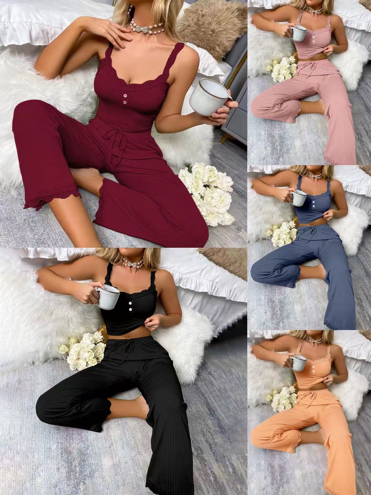 A two-piece set of comfortable, sexy and casual home wear for women, featuring cross-border lace-trimmed pajamas and striped halter pants from Europe and America full figure