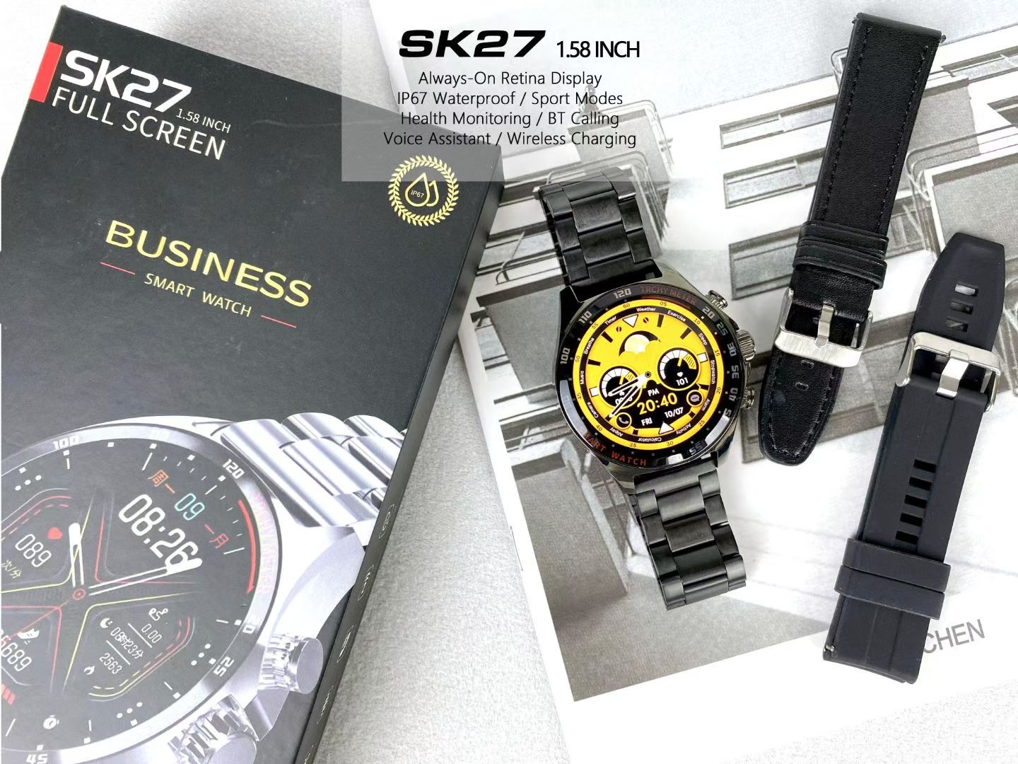 SK27 高品质 男款智能手表 接打电话 测心率 血氧 睡眠监测 运动监测 防水智能手表详情图5
