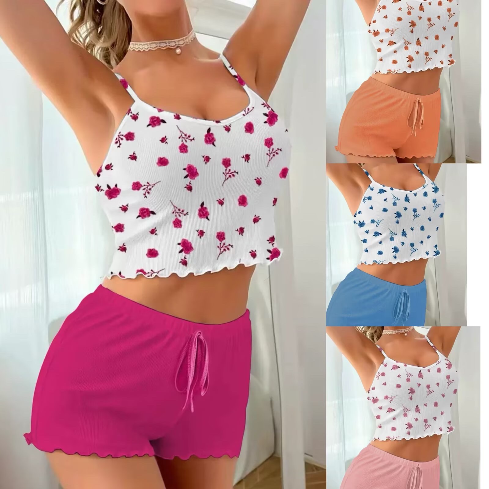New home halter shorts, printed elastic halter solid color rope long pants home set full figure