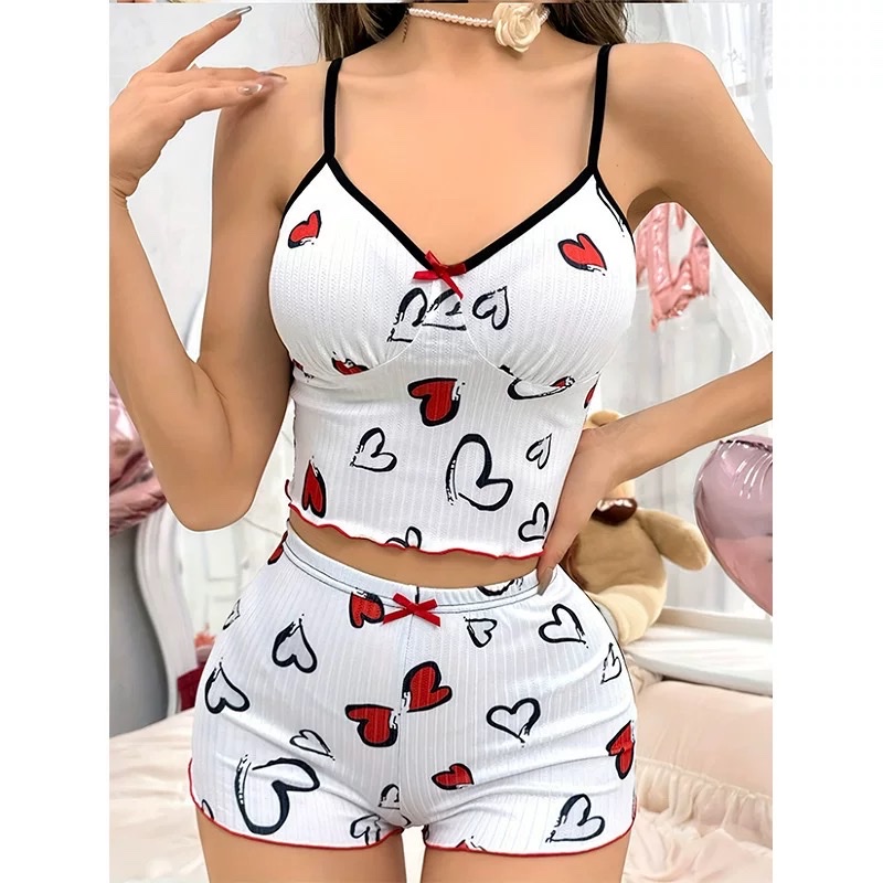 Lady's sexy bandeau sleepwear set Heart-shaped Print Contrasting color Home Wear Two-piece Home wear details Picture