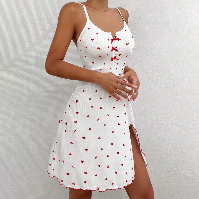 Cross-border European and American bestseller heart-shaped printed Rowan front slit deep halter dress for pajamas and home wear worn outside Item Picture