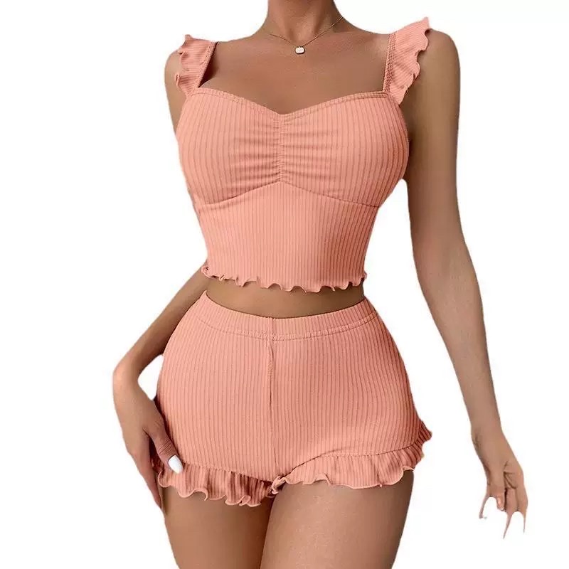 性感露脐吊带短裤睡衣套装女 Sexy halter shorts pajama set家居服白底实物图
