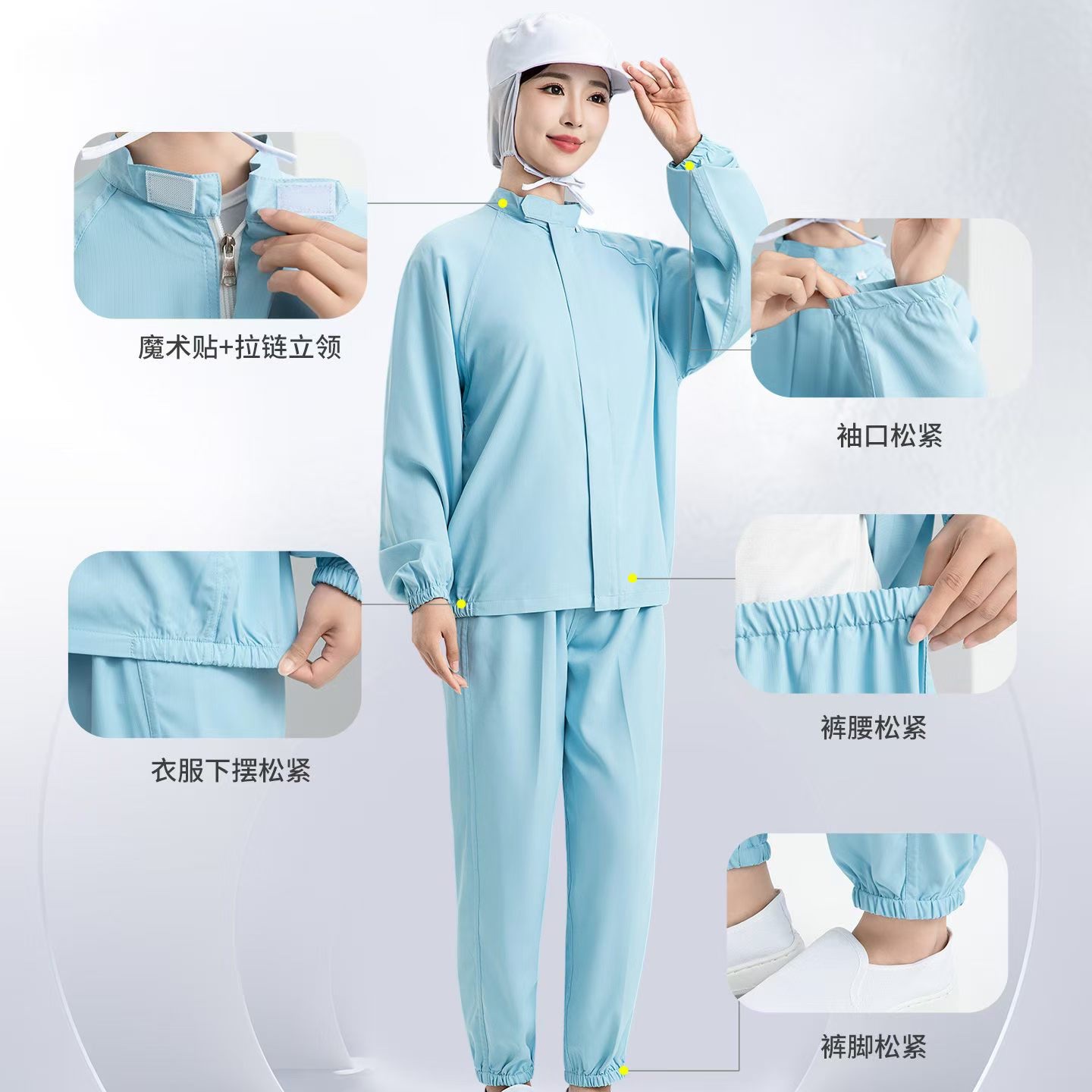 Customized blue stand-up collar two-piece work clothes for dust-proof food factories, suitable for both men and women, and dust-free workshop protective clothing Application Scenario