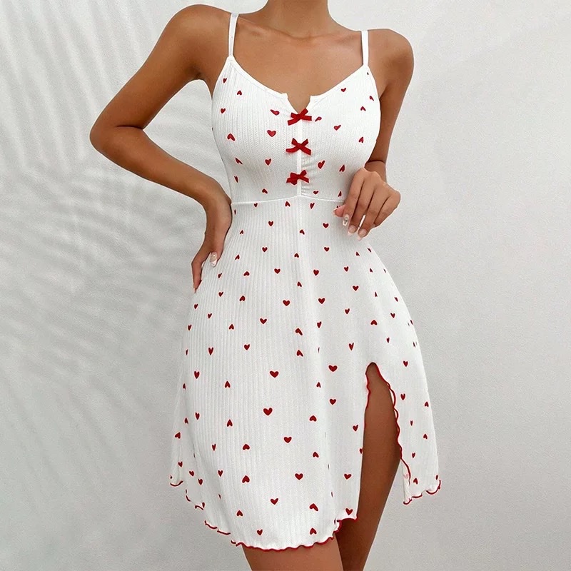 Cross-border European and American bestseller heart-shaped printed Rowan front slit deep halter dress for pajamas and home wear worn outside details Picture