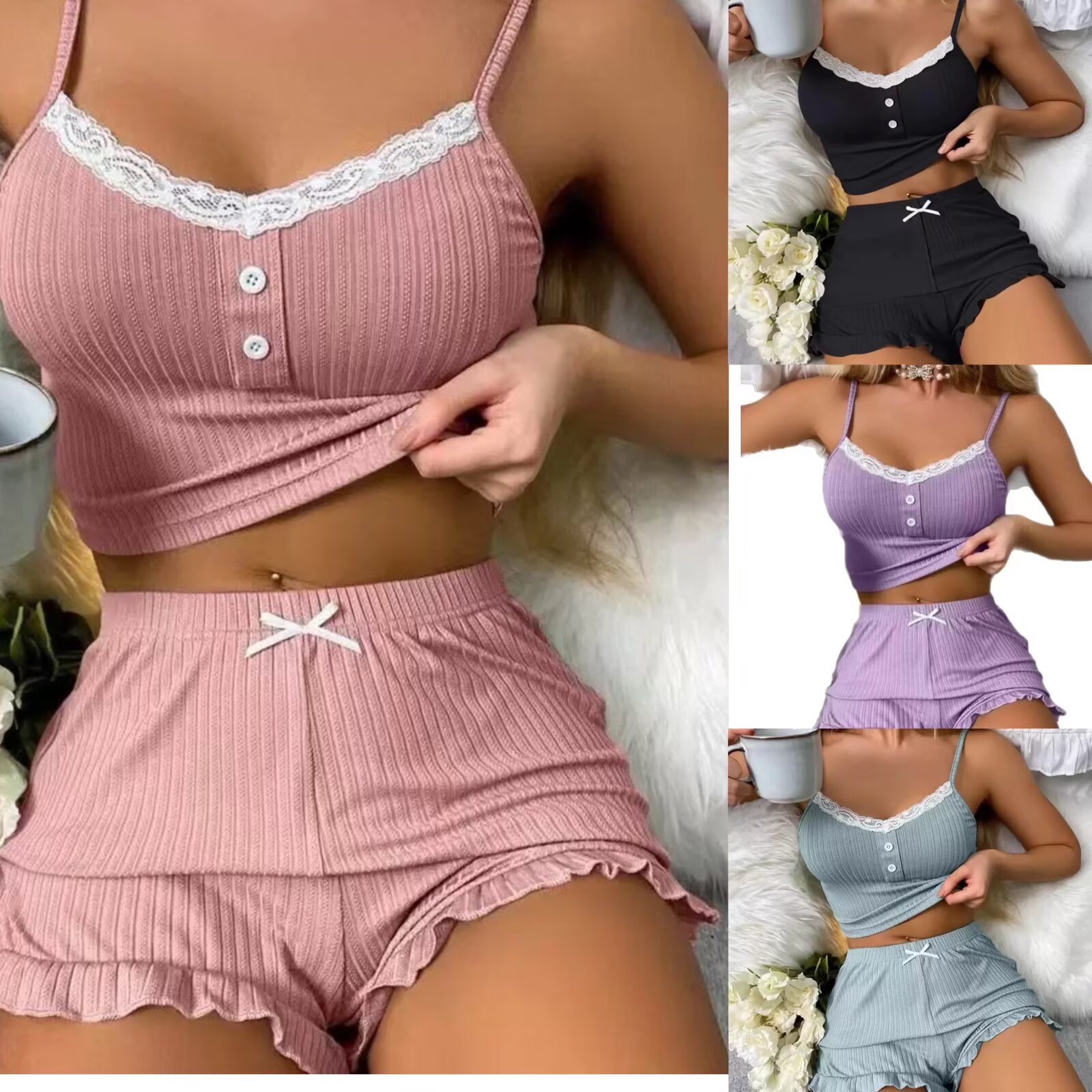 性感蕾丝花边吊带短裤套装 Sexy Lace Strap Top Shorts Set