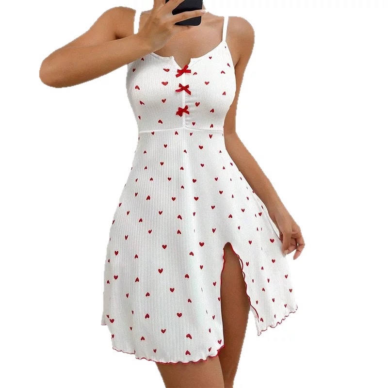 Cross-border European and American bestseller heart-shaped printed Rowan front slit deep halter dress for pajamas and home wear worn outside undefined