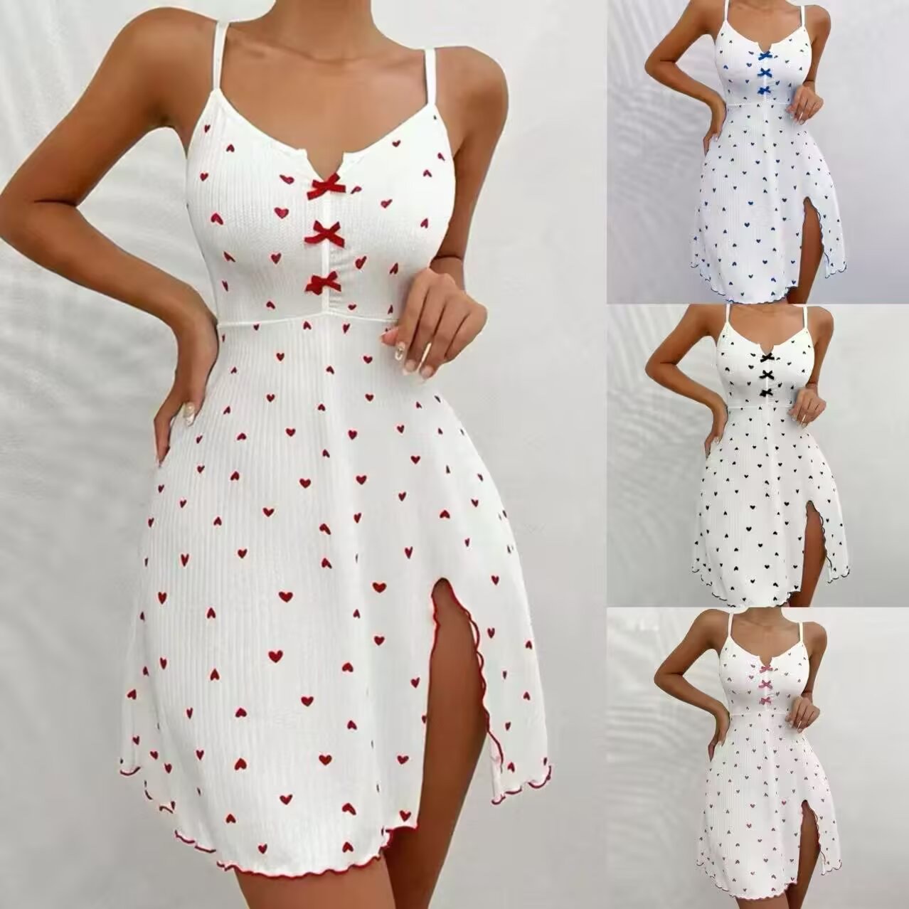Cross-border European and American bestseller heart-shaped printed Rowan front slit deep halter dress for pajamas and home wear worn outside full figure