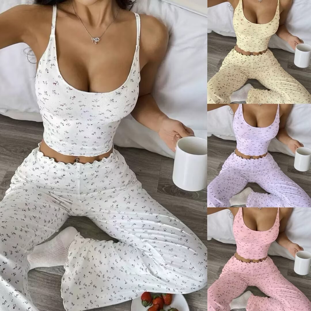 Floral pendant pajamas Casual sexy vest trousers set Fashionable Casual top and pants set full figure