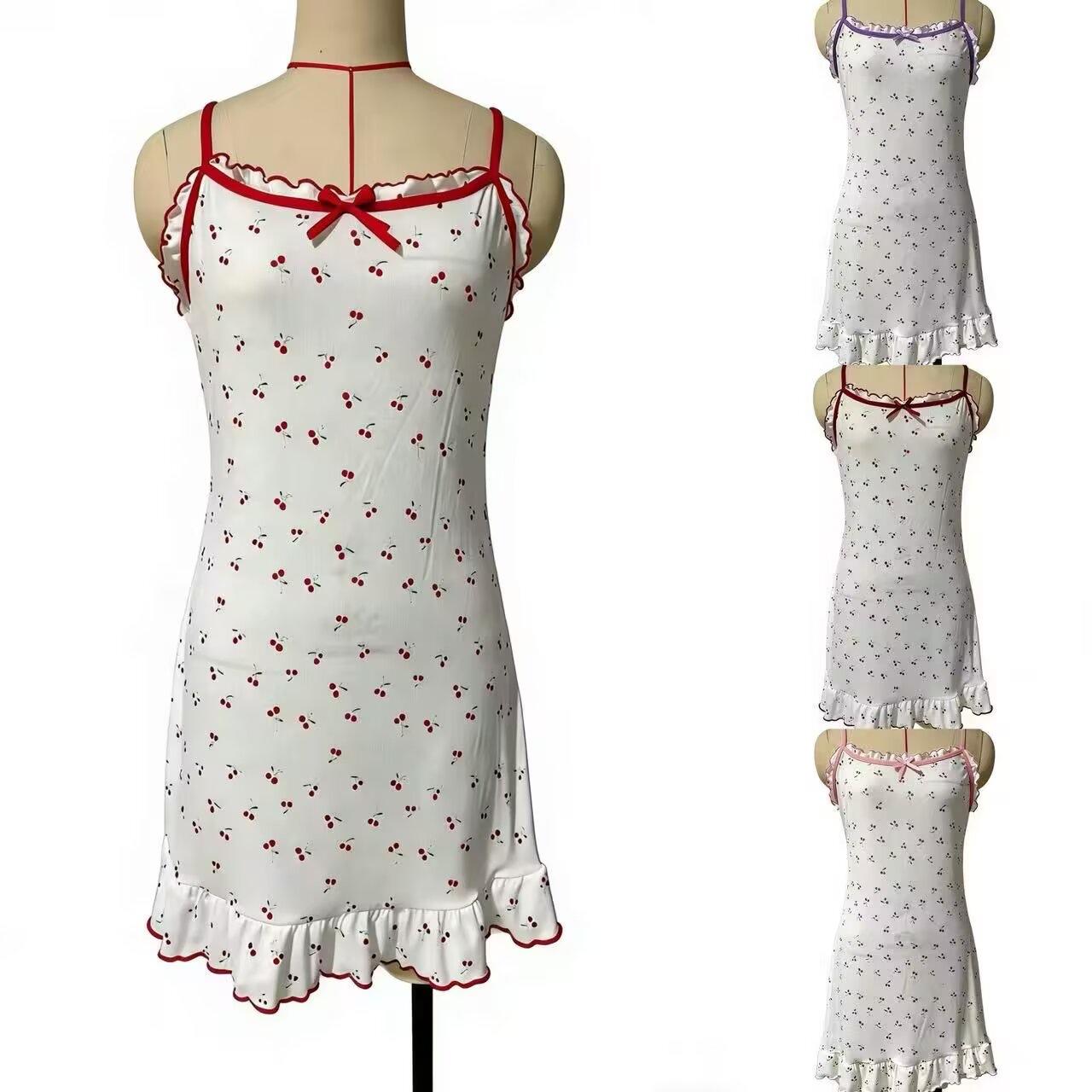 Ladies' spaghetti-strap pajamas with lace edges, butterfly ice silk home wear and sleeping skirts full figure