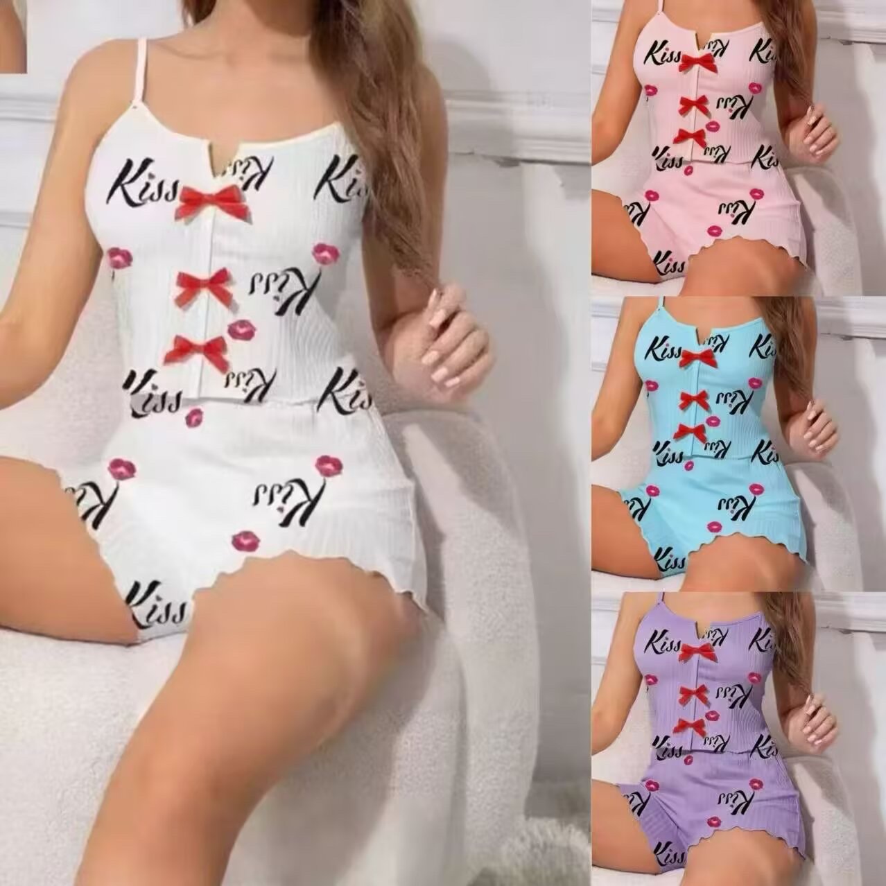 Amazon's new sexy mesh patchwork printed pajama two-piece set for women's home wear full figure
