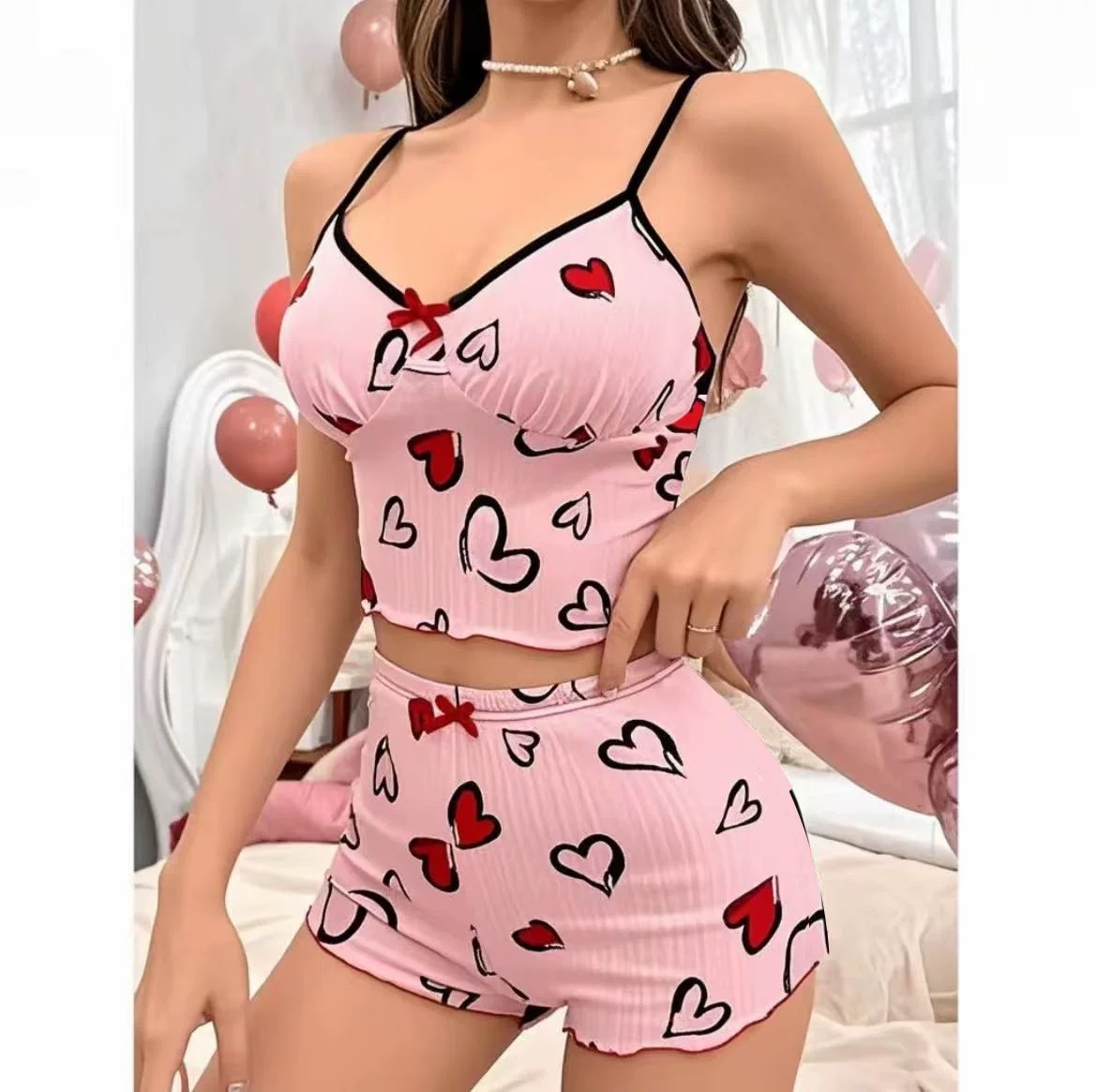Lady's sexy bandeau sleepwear set Heart-shaped Print Contrasting color Home Wear Two-piece Home wear Specification drawing
