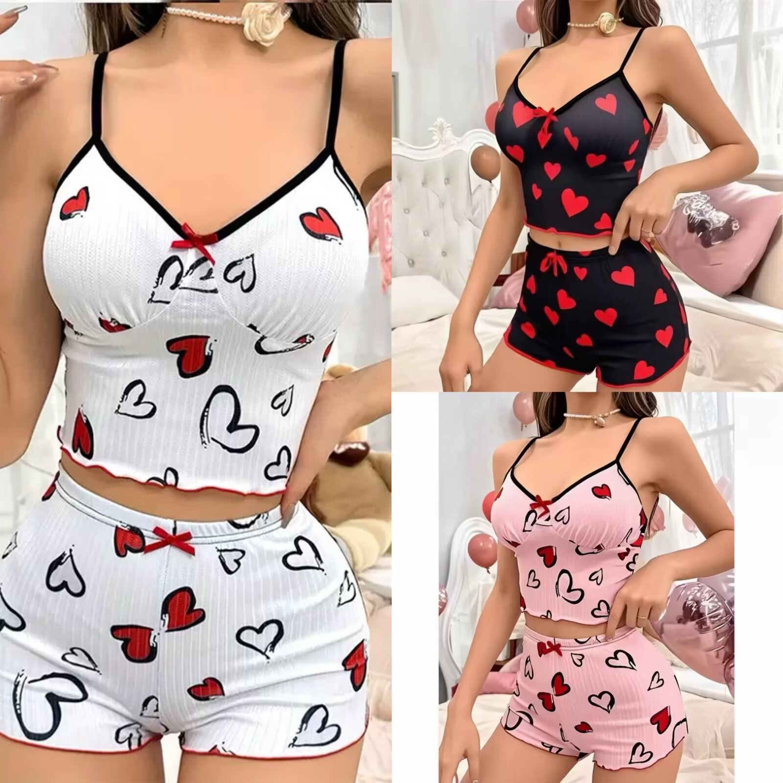 Lady's sexy bandeau sleepwear set 心形印花撞色居家服两件套家居服