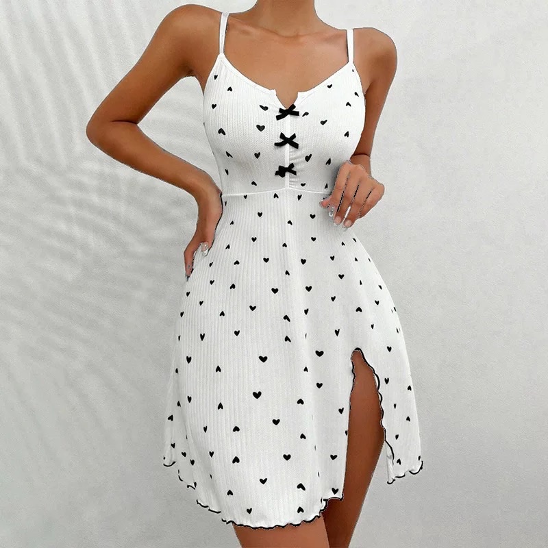 Cross-border European and American bestseller heart-shaped printed Rowan front slit deep halter dress for pajamas and home wear worn outside Application Scenario