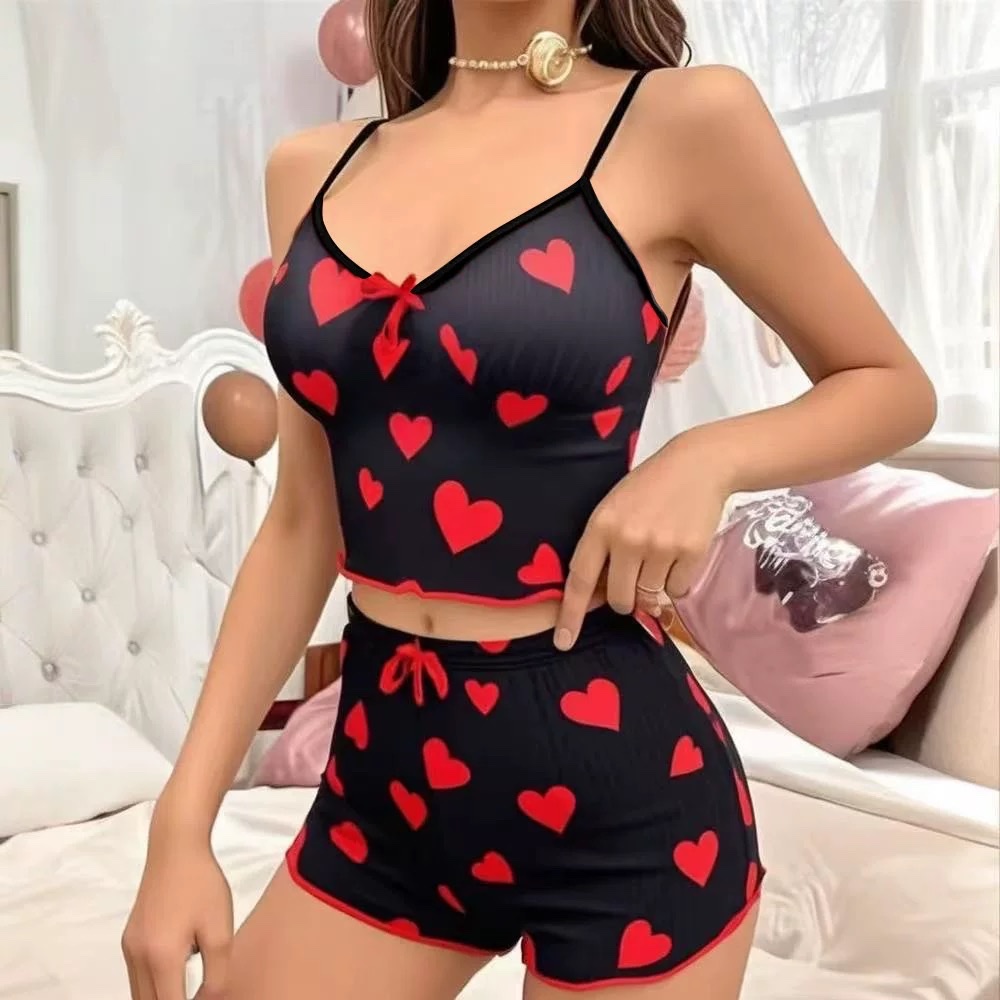 Lady's sexy bandeau sleepwear set Heart-shaped Print Contrasting color Home Wear Two-piece Home wear Application Scenario