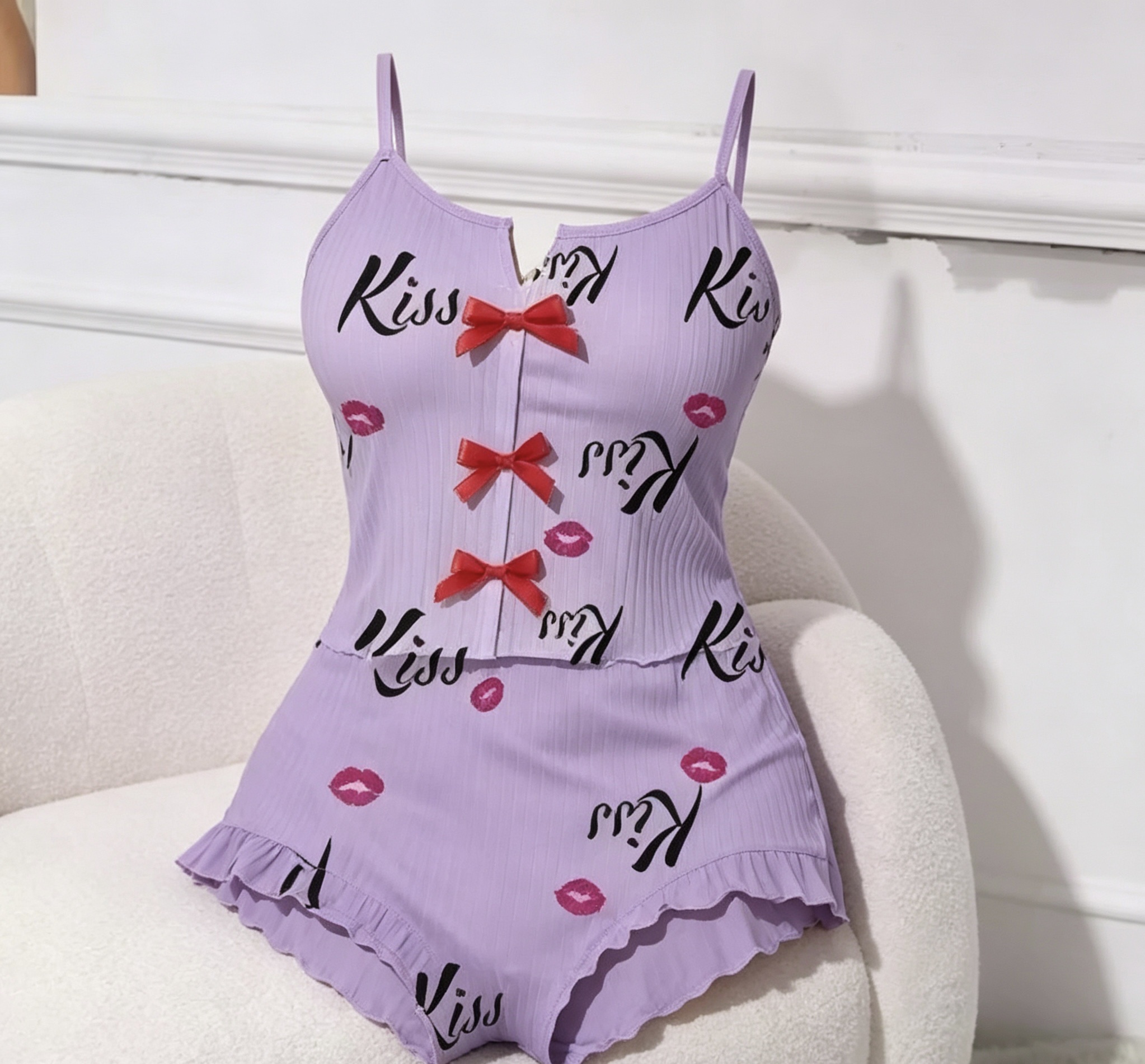 Amazon's new sexy mesh patchwork printed pajama two-piece set for women's home wear details Picture