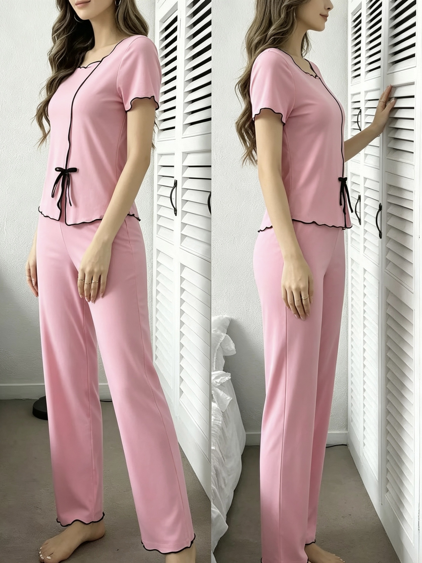 春夏季新款女生家居服开衫短袖长裤两件套装详情图4