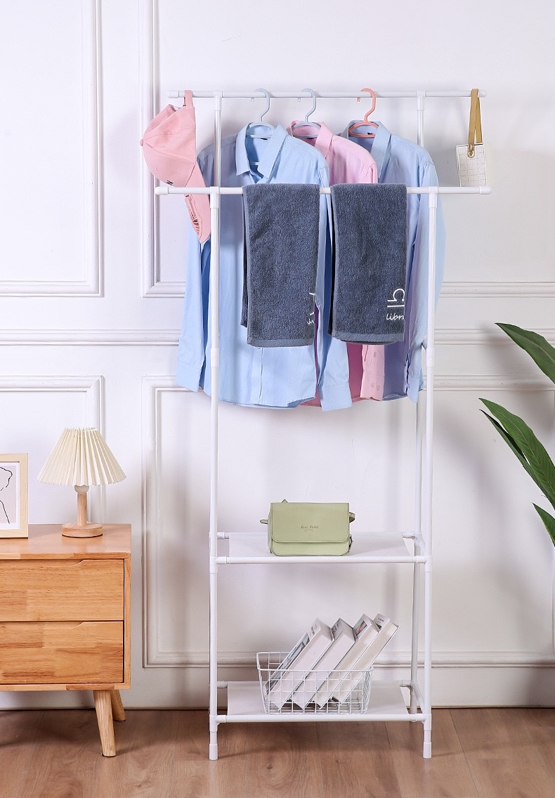 Simple floor-standing bedroom shoe and hat integrated double-pole wheeled clothes drying rack, multi-layer storage clothes and hat rack