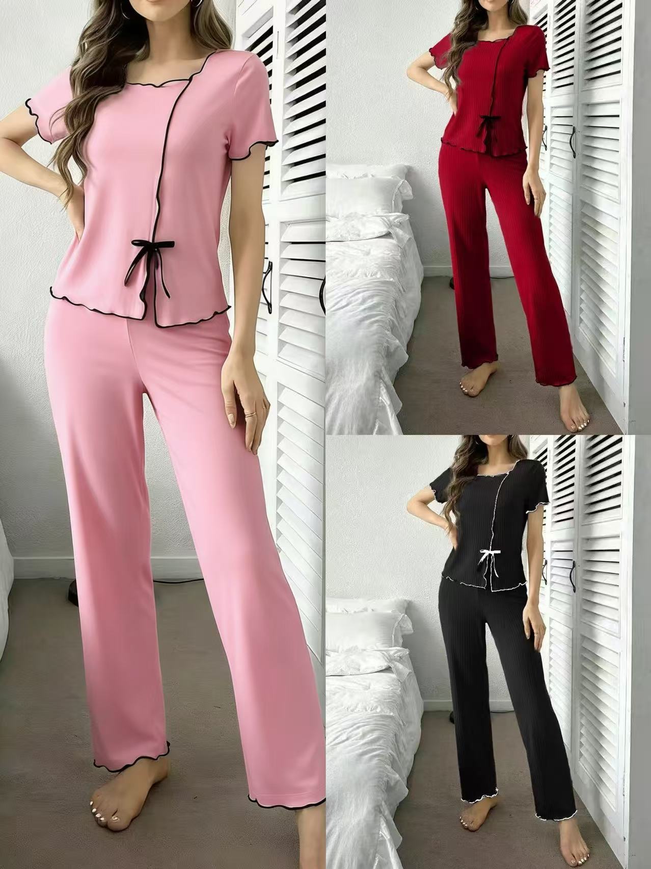 春夏季新款女生家居服开衫短袖长裤两件套装详情图1