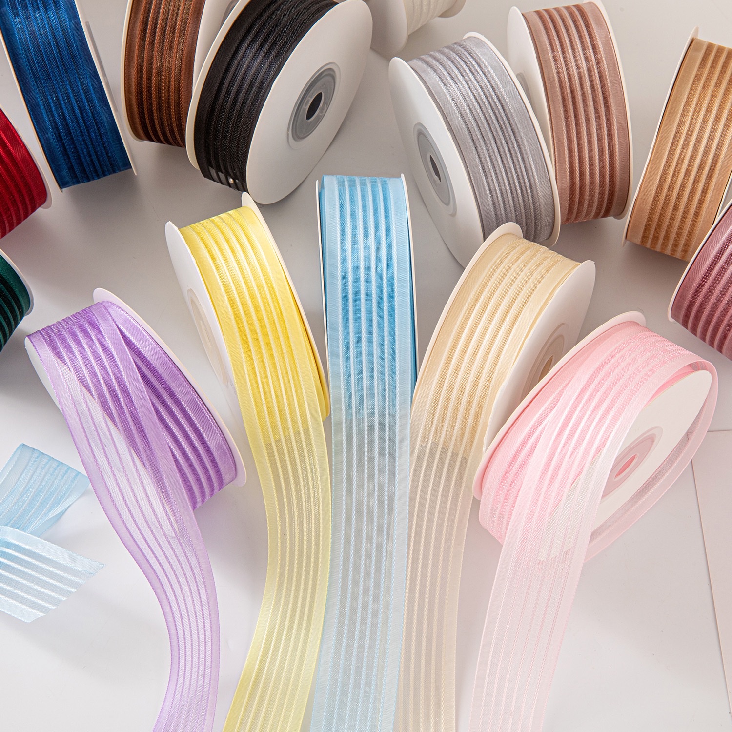 2.5cm wide edge snow gauze with transparent colored stripes gift packaging floral bow ribbon material detail image 1
