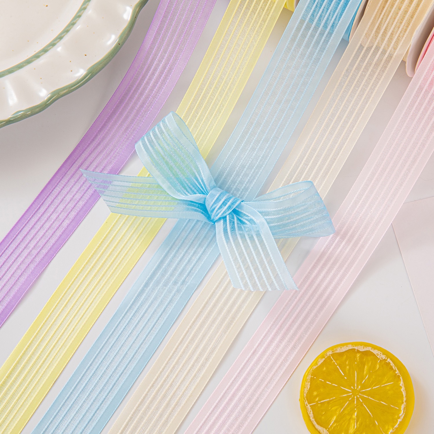 2.5cm wide edge snow gauze with transparent colored stripes gift packaging floral bow ribbon material detail image 3
