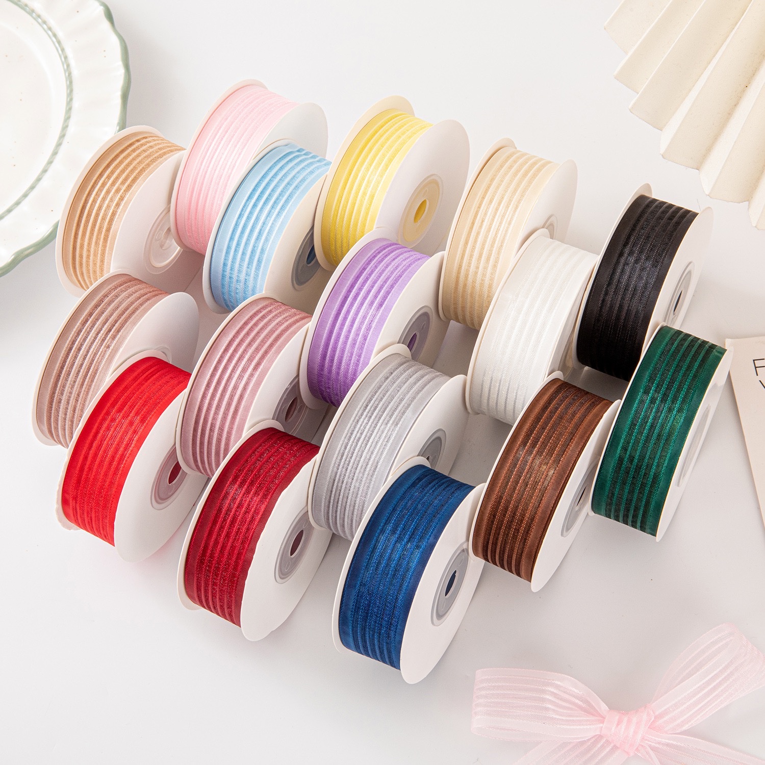 2.5cm wide edge snow gauze with transparent colored stripes gift packaging floral bow ribbon material details Picture