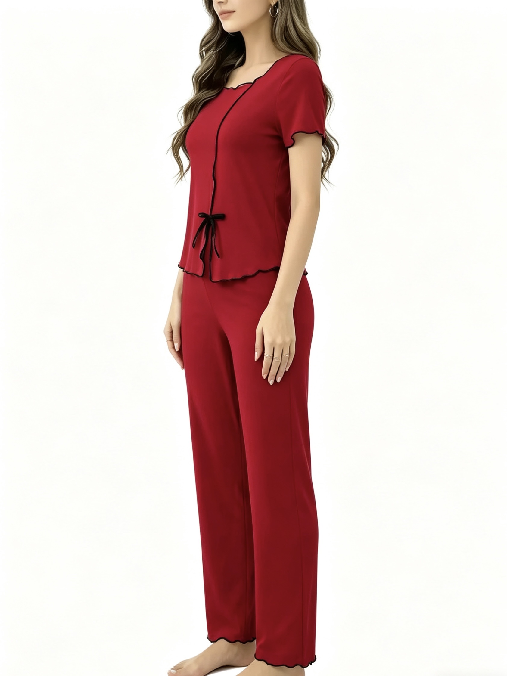 春夏季新款女生家居服开衫短袖长裤两件套装细节图