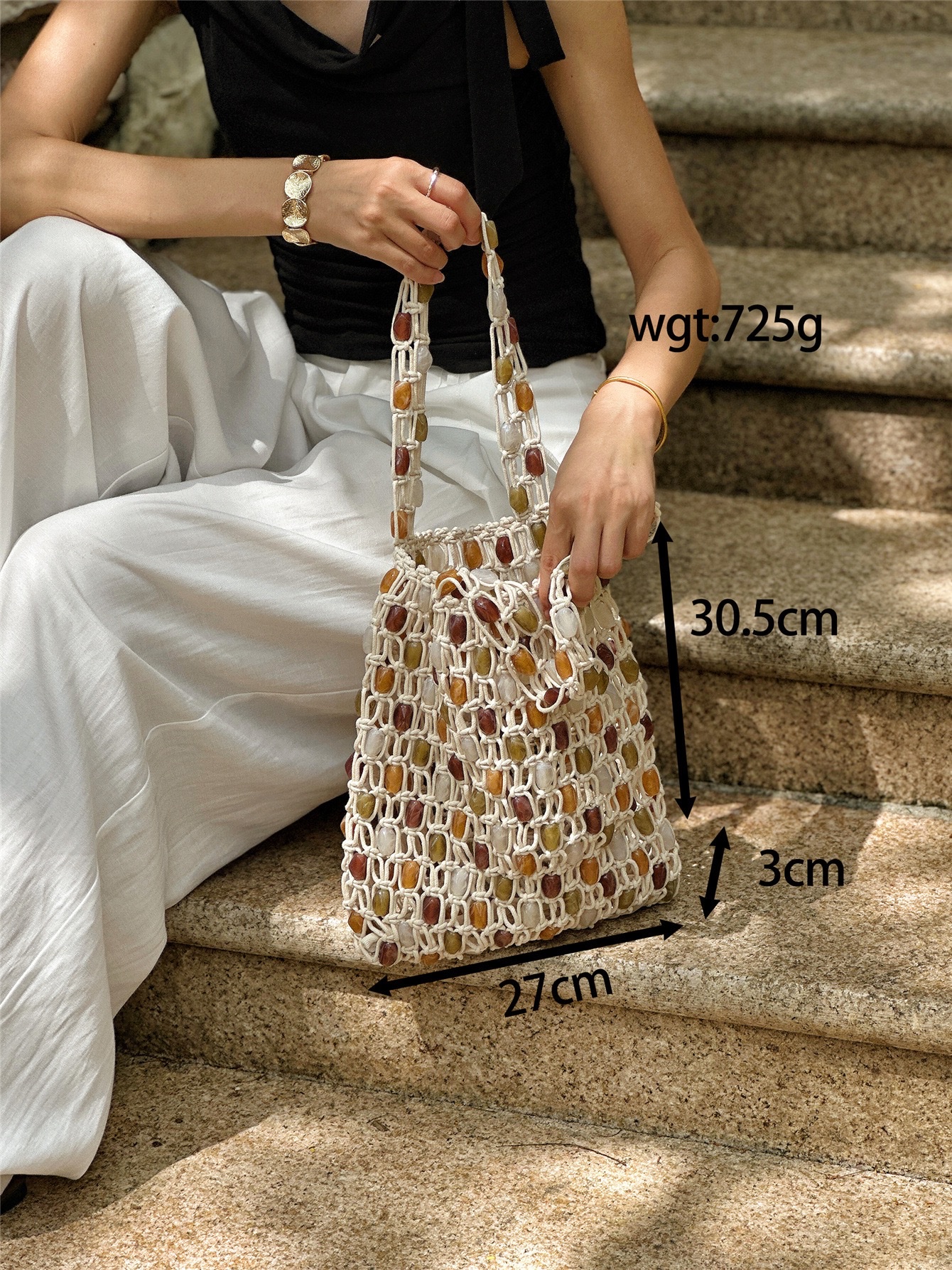New hand-woven color-blocking beaded bag for Spring/Summer 2025, fashionable and high-end, large-capacity hand-held shopping bag, beach bag detail image 3