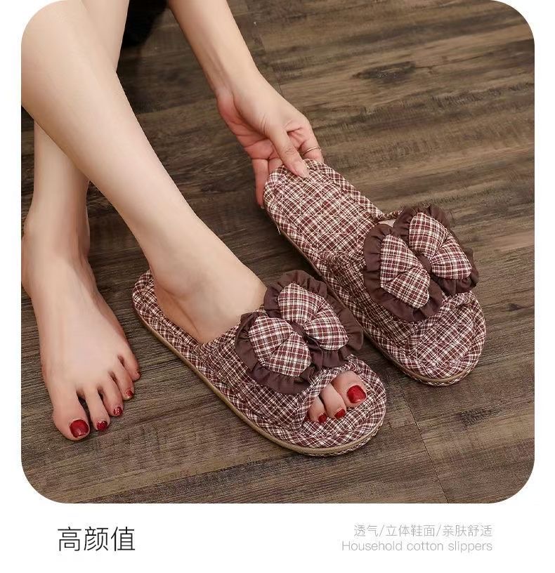 New Korean-style bow fabric slippers, three-layer checkered fabric soles, silent, men's and women's slippers, machine washable, lazy to mop the floor, indoor slippers, comfortable at home, sweat-absorbent, breathable, with a variety of colors detail image 6
