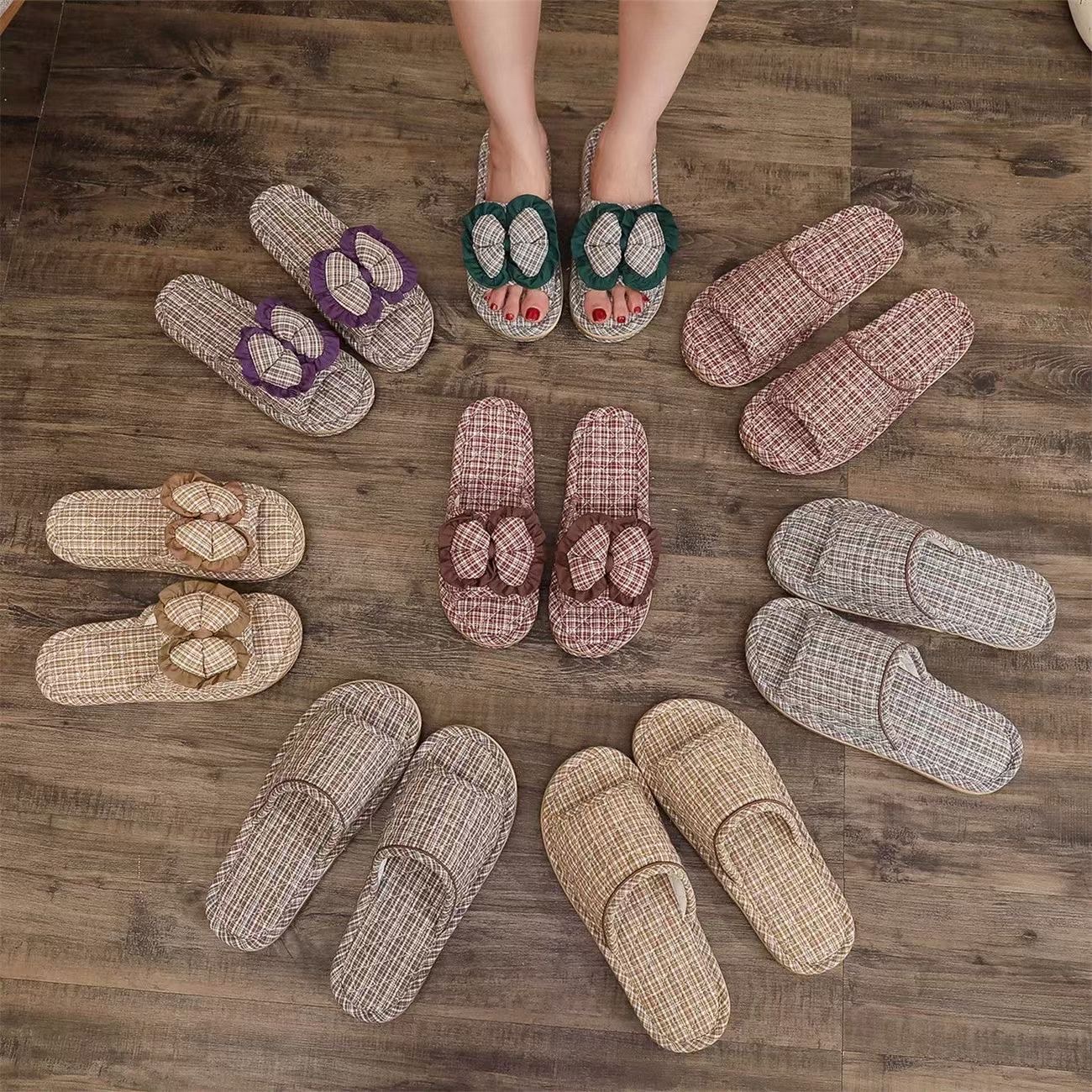 New Korean-style bow fabric slippers, three-layer checkered fabric soles, silent, men's and women's slippers, machine washable, lazy to mop the floor, indoor slippers, comfortable at home, sweat-absorbent, breathable, with a variety of colors detail image 1