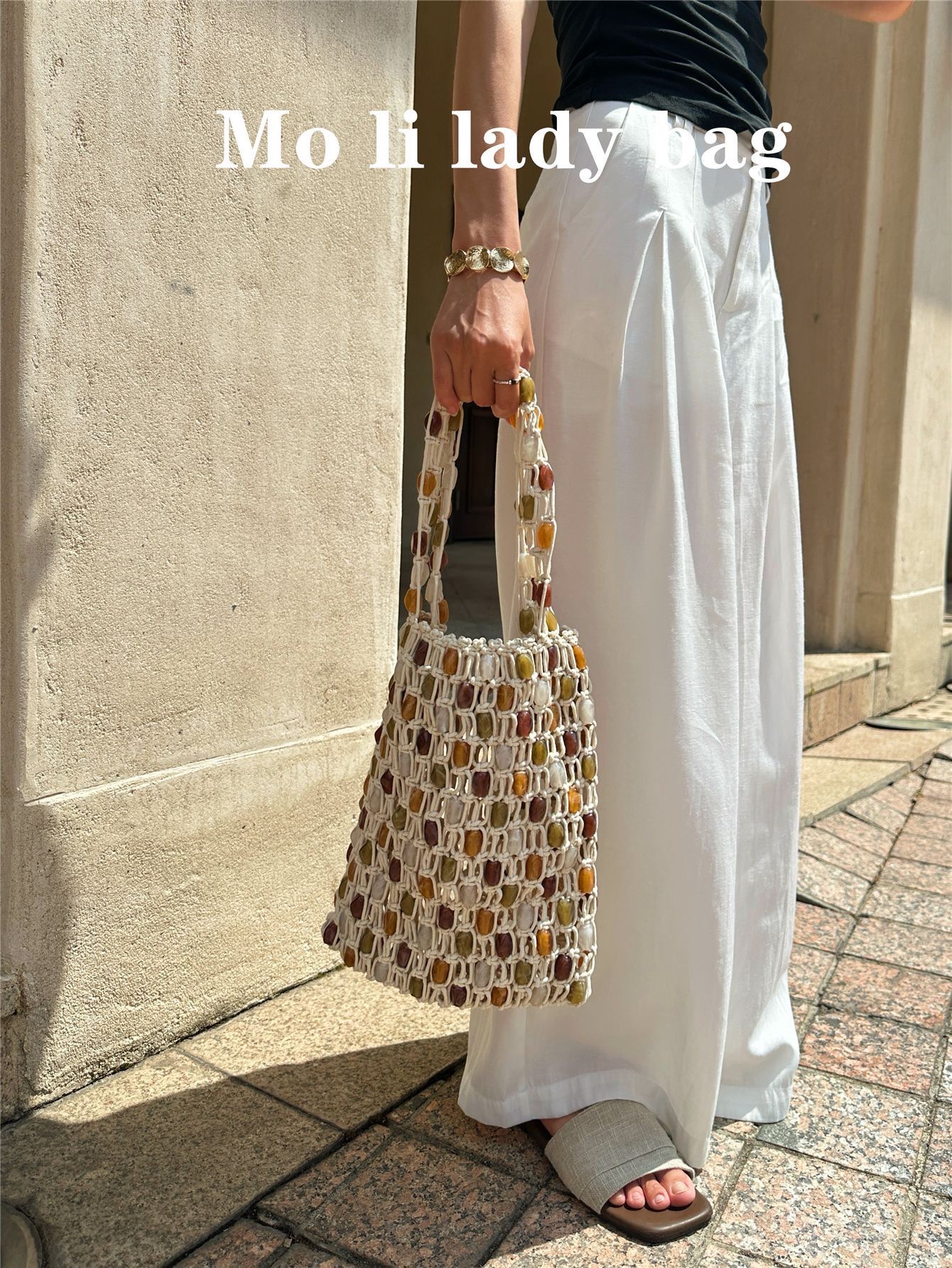 New hand-woven color-blocking beaded bag for Spring/Summer 2025, fashionable and high-end, large-capacity hand-held shopping bag, beach bag detail image 4