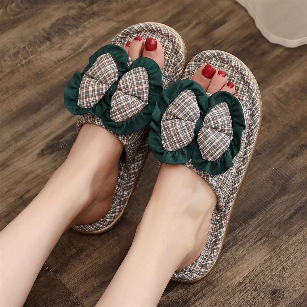 New Korean-style bow fabric slippers, three-layer checkered fabric soles, silent, men's and women's slippers, machine washable, lazy to mop the floor, indoor slippers, comfortable at home, sweat-absorbent, breathable, with a variety of colors detail image 3