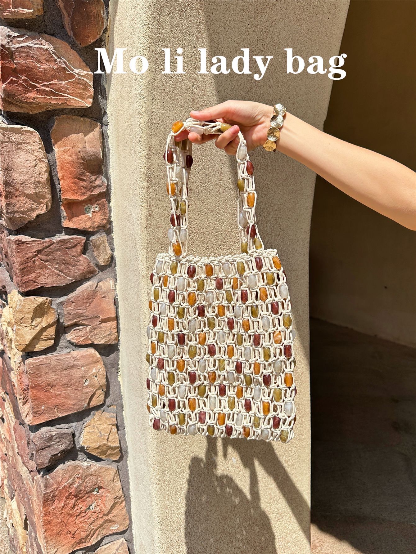 New hand-woven color-blocking beaded bag for Spring/Summer 2025, fashionable and high-end, large-capacity hand-held shopping bag, beach bag Item Picture