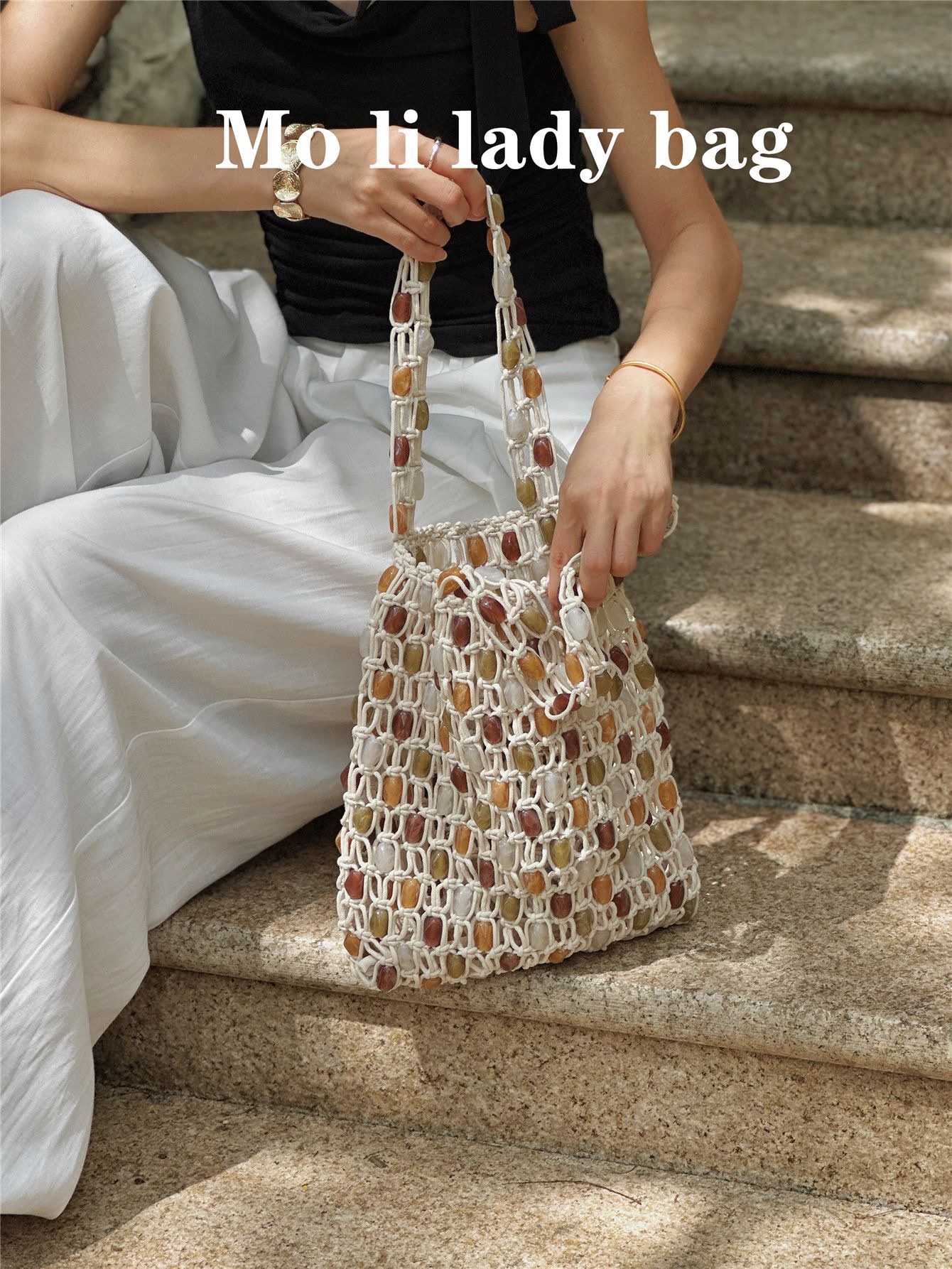 New hand-woven color-blocking beaded bag for Spring/Summer 2025, fashionable and high-end, large-capacity hand-held shopping bag, beach bag detail image 7