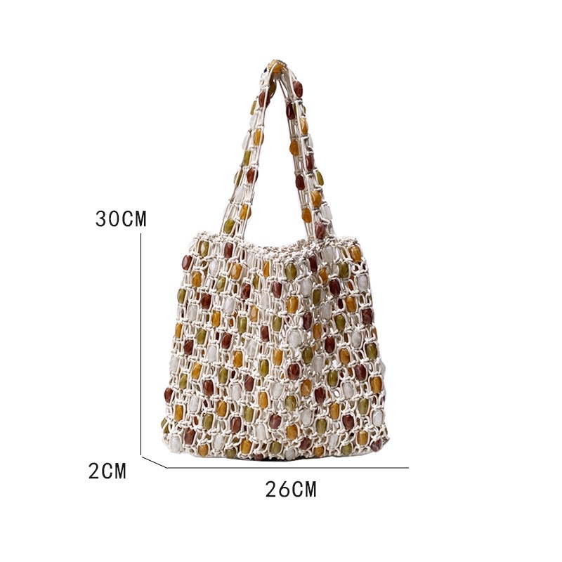 New hand-woven color-blocking beaded bag for Spring/Summer 2025, fashionable and high-end, large-capacity hand-held shopping bag, beach bag detail image 8