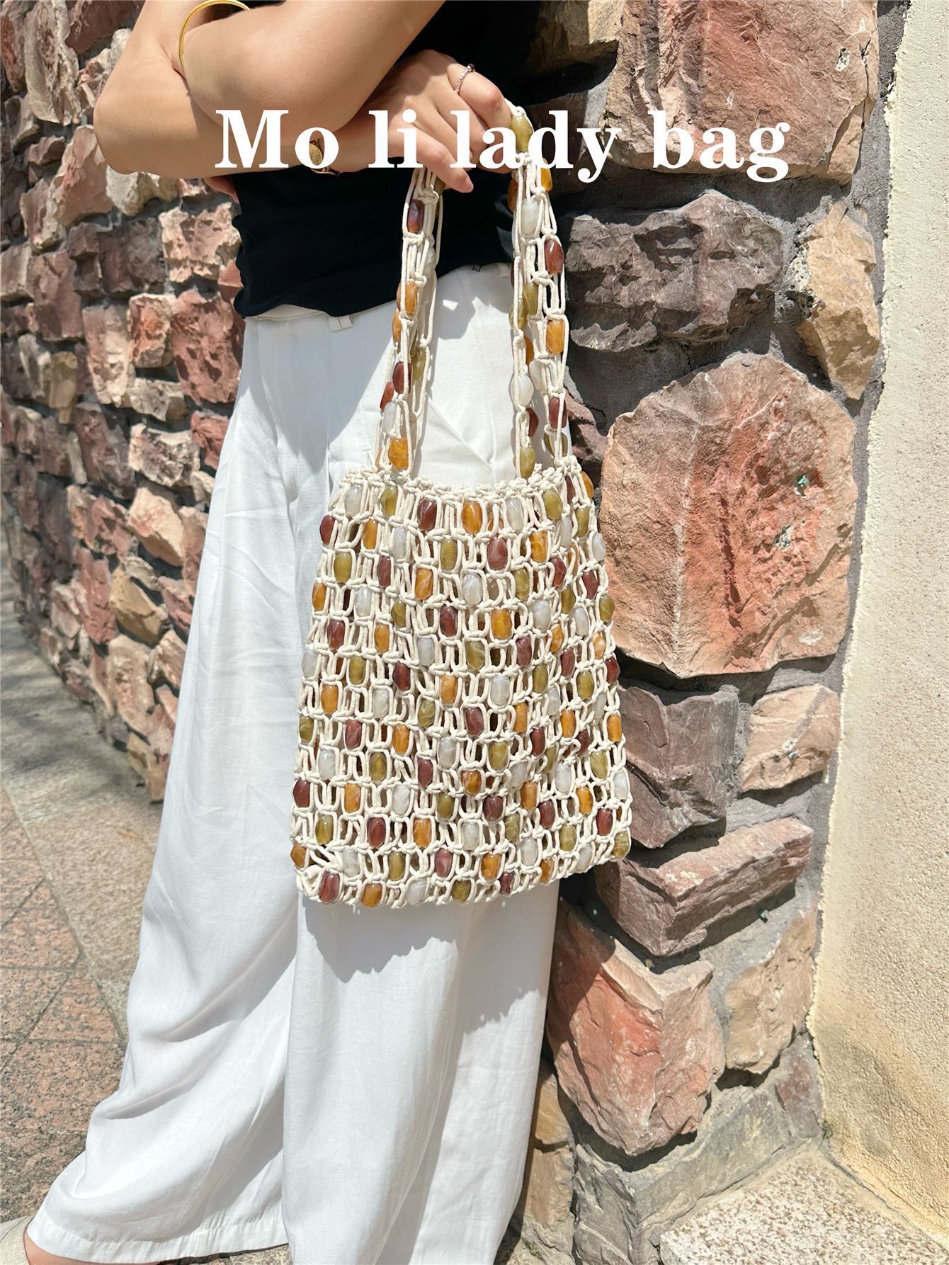 New hand-woven color-blocking beaded bag for Spring/Summer 2025, fashionable and high-end, large-capacity hand-held shopping bag, beach bag detail image 2