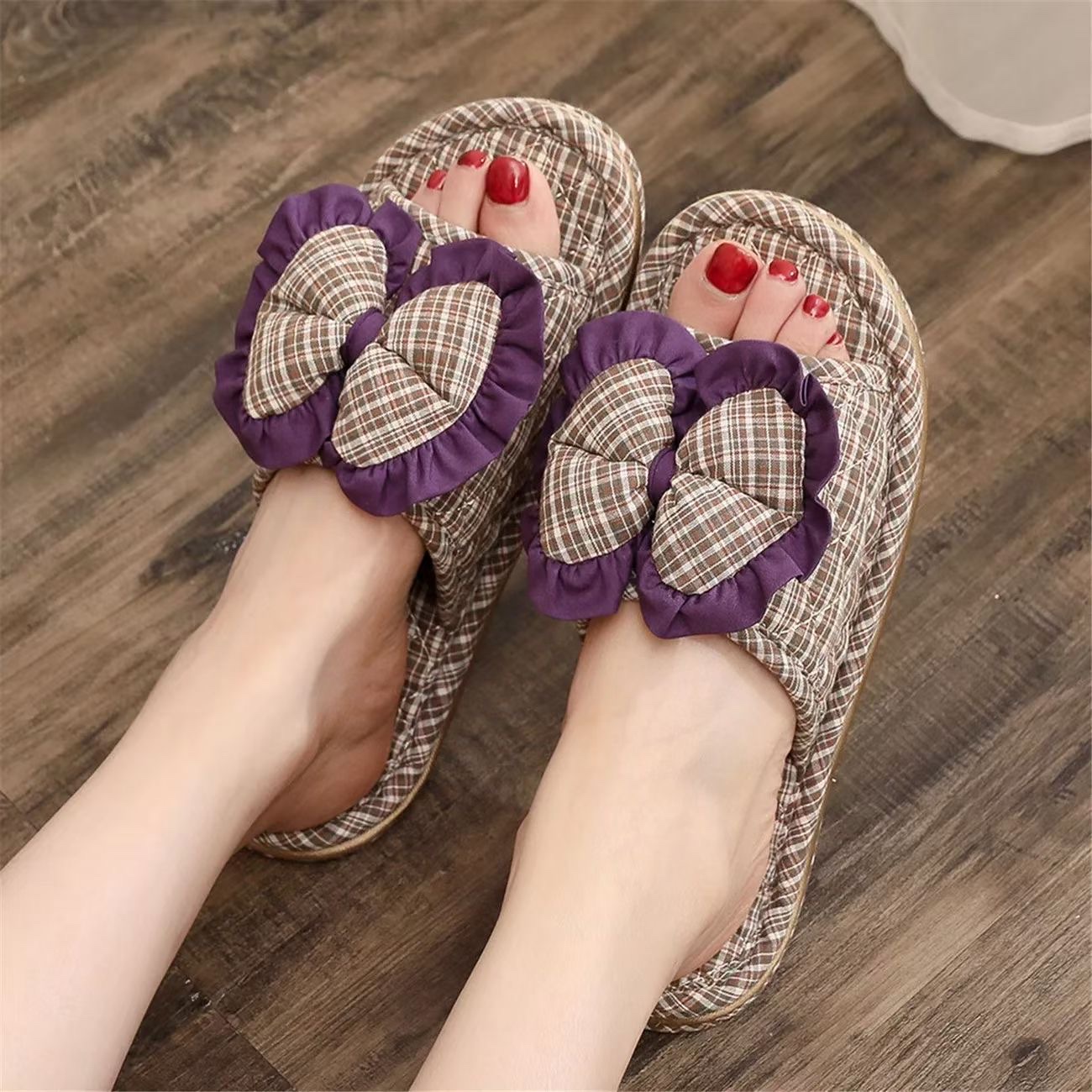 New Korean-style bow fabric slippers, three-layer checkered fabric soles, silent, men's and women's slippers, machine washable, lazy to mop the floor, indoor slippers, comfortable at home, sweat-absorbent, breathable, with a variety of colors detail image 2
