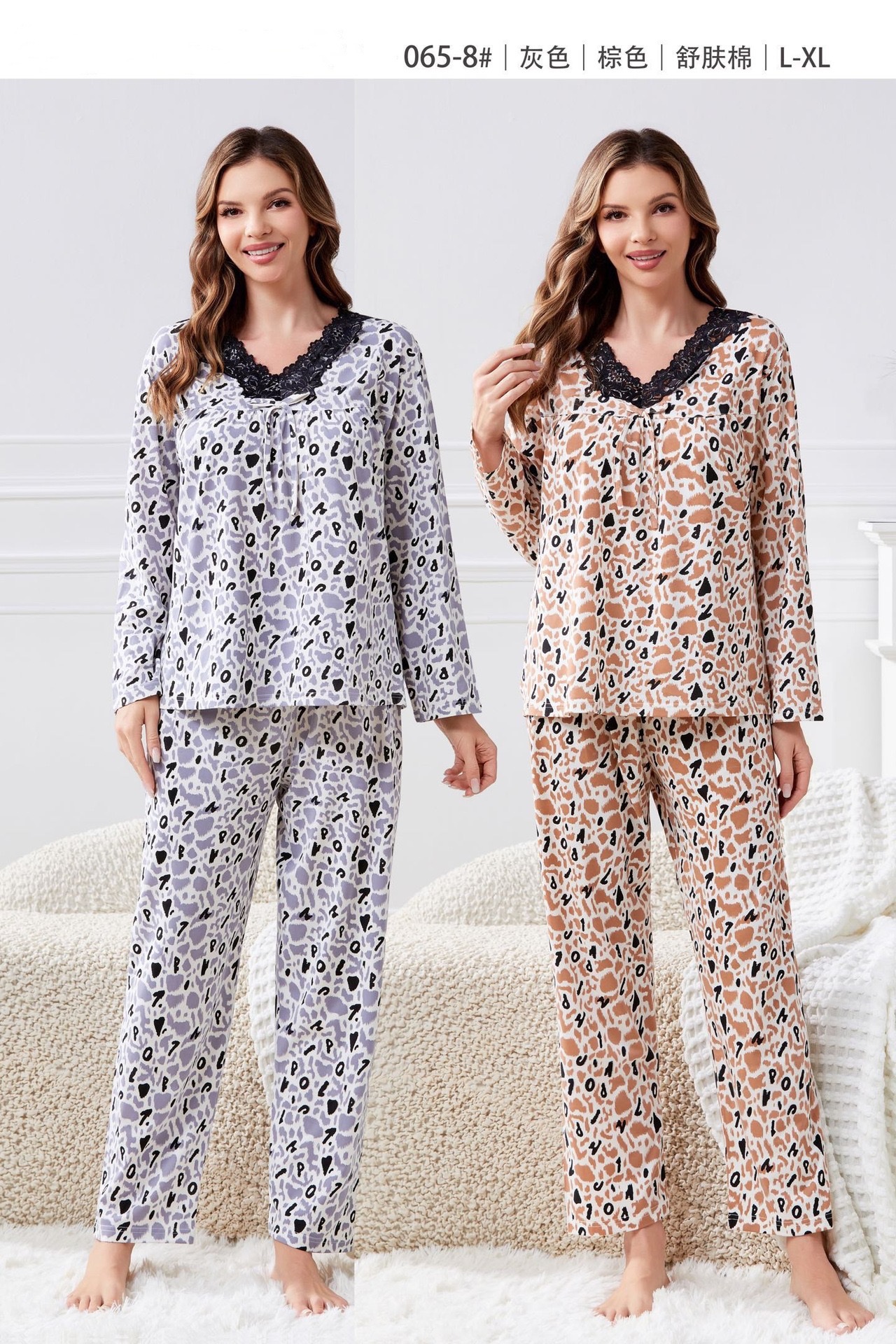 Summer new skin-soothing cotton V-neck lace long-sleeved and long pants loose large-sized pajamas thin foreign trade style home wear women's pajamas details Picture
