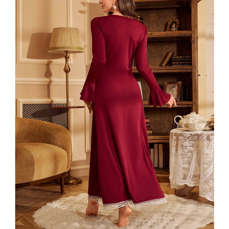 Sweet lace dress, pajamas, new early autumn European and American style, high-end V-neck flared sleeve long dress, home wear details Picture